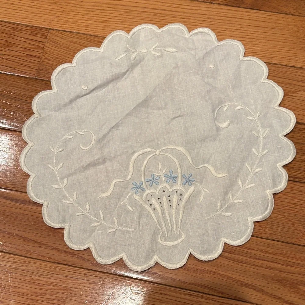 Vintage Cream and Blue Embroidered Linen Doily